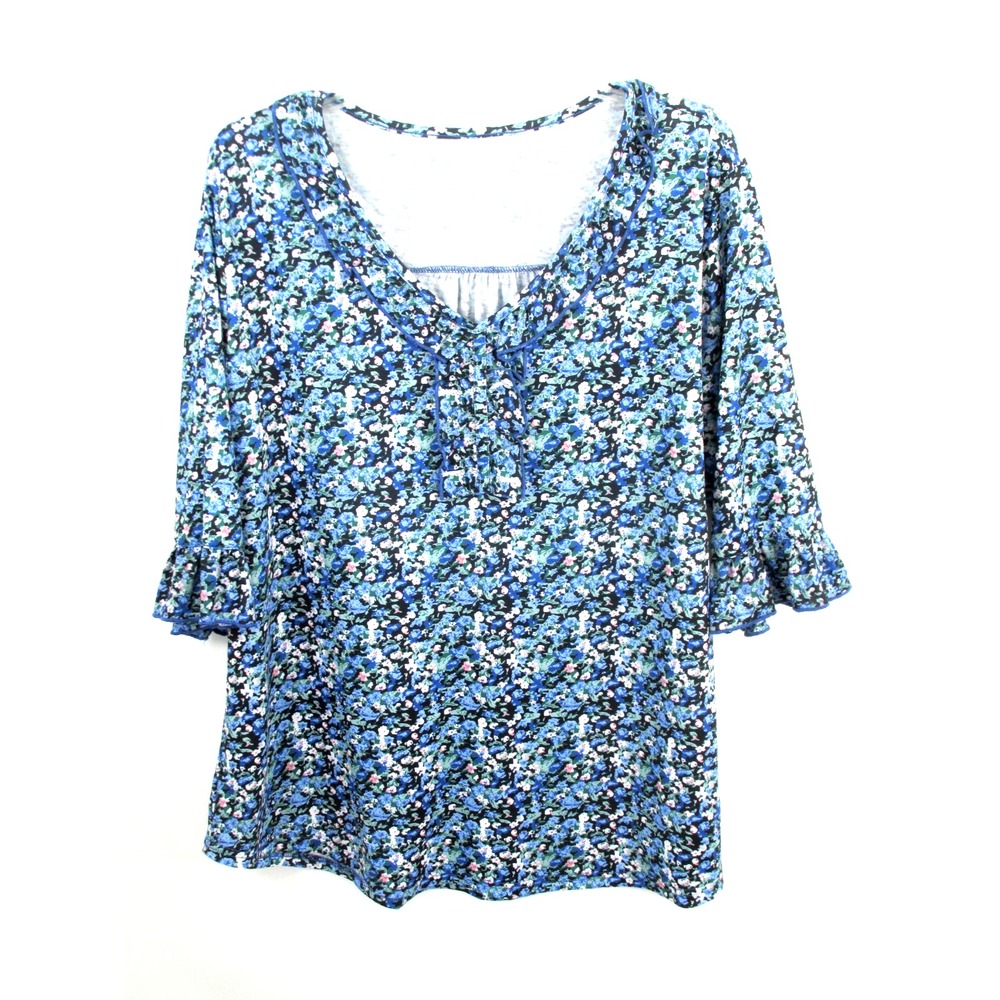 IVICOER Pullover Tunic Blouse Womens 2XL Blue Floral V-Neck Bell Sleeve Stretch